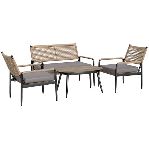 Outsunny Gartenmöbel Set aus Polyrattan Lounge-Set mit 2er Sofa Sessel Glastisch Kissen wetterfest Sitzgruppe für 4 Personen Outdoor Balkonmöbel Set Terrassenmöbel für Garten Balkon Dunkelgrau+Gelb von Outsunny