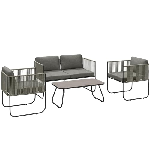Outsunny Gartenmöbel Set aus Polyrattan Lounge-Set mit Sofa Sessel Tisch Kissen wetterfest Sitzgruppe für 4 Personen Balkonmöbel Set Gartenlounge Terrassenmöbel für Garten Balkon Braun+Dunkelgrau von Outsunny