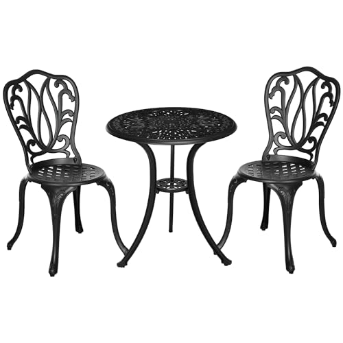 Outsunny Gartenmöbelset 2-Sitzer 2 Stühle + runder Tisch im charmanten Retro-Stil aus Aluminiumguss, schwarz von Outsunny