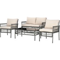 Outsunny Gartenmöbelset 4-teilig 2-Sitzer-Sofa + 2 Sessel + 1 rechteckiger Couchtisch mit 8 Kissen - Metall und Rattan-Look - Grau und Beige   Aosom von Outsunny