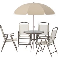 Outsunny Gartenmöbelset 6-teilig - Runder Tisch + 4 klappbare Stühle + Sonnenschirm - Epoxidbeschichteter Stahl in Braun Textilene Polyester in Beige   Aosom von Outsunny