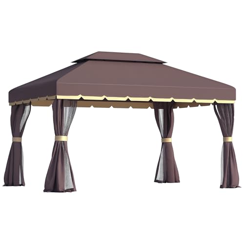 Outsunny Gartenpavillon Pavillon 390 x 290 x 280 cm Gartenzelt Festzelt Partyzelt mit 4 x Seitenteile Moskitonetz wetterfest Aluminium Polyester Kaffee+Schwarz von Outsunny
