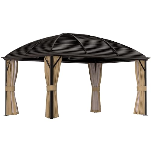 Outsunny Pavillon mit Hardtop, 4x3 m Wasserdicht Stabil Winterfest Gartenpavillon mit Moskitonetz, Haken, Seitenteile, Bogendach, Garten-Pavillon aus Aluminium, für Garten, Terrasse, Braun von Outsunny