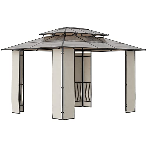 Outsunny Gartenpavillon Pavillon mit Sonnendach aus Polycarbonatplatten UV-Schutz wasserabweisend Robust Braun+Hellgrau 3,65 x 3 x 2,75 m von Outsunny