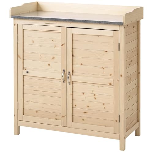 Outsunny Gartenschrank Pflanztisch mit Unterschrank Holz Geräteschrank Schrank mit 2 Einlegeböden Geräteschuppen Garten Schuppen Outdoor Natur 83 x 40 x 92 cm von Outsunny