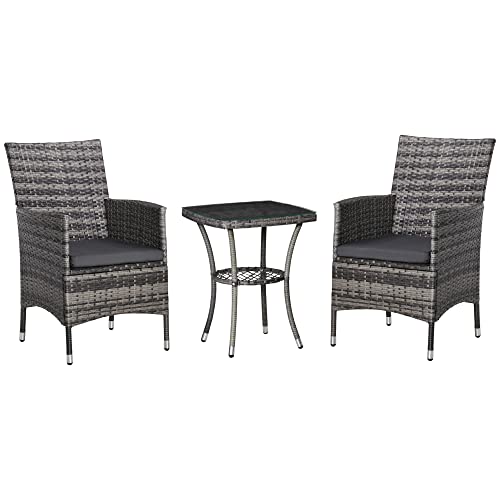 Outsunny Polyrattan Gartenmöbel Set, Outdoor Lounge Balkonmöbel für 2 Personen, 3-teilig Sitzgruppe, 2 Stühle, Tisch Sitzkissen, Gartenlounge für Garten, Terrasse, Balkon, Dunkelgrau von Outsunny