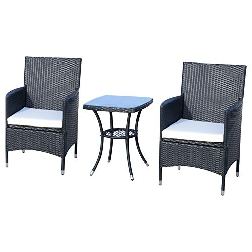 Outsunny Rattan Gartenmöbel Set mit Beistelltisch Bistroset 3-TLG. Balkonmöbel Set Rattan Gartenset Sitzgarnitur mit Sitzkissen Polyrattan + Stahl Schwarz 60 x 58,5 x 89,5 cm von Outsunny