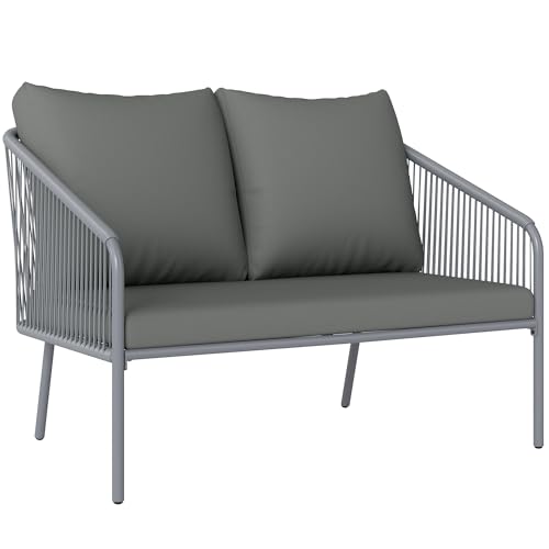 Outsunny Gartensofa mit Kissen 2-Sitzer Sofa Outdoor Balkon Sofa Rattansofa Polyrattan Gartenmöbel Balkonmöbel 112 x 72 x 76 cm Grau von Outsunny