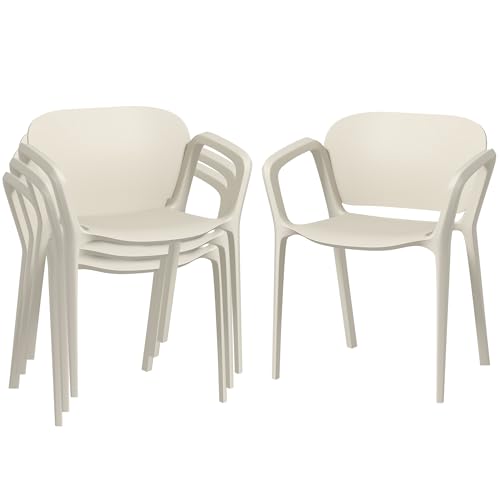 Outsunny Gartenstuhl 4er Set wetterfest Gartenstühle aus Kunststoff Stapelstuhl mit Armlehne Rückenlehne stapelbar Terrassenstuhl bis 120 kg belastbar Gartenmöbel für Hinterhof, Garten, Balkon Weiß von Outsunny