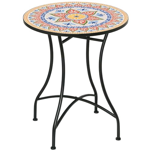 Outsunny Gartentisch Ø60 cm, Wetterfest Balkontisch aus Metall, Esstisch Outdoor, Campingtisch Beistelltisch, rund Terrassentisch für Garten Terrasse Balkon Rot+Blau+Weiß von Outsunny