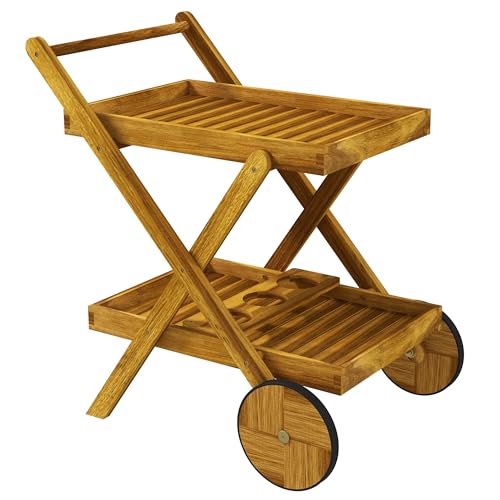 Outsunny Gartenwagen aus Holz mit 2 Tabletts, 3 Flaschenfächern und 2 Rädern, 52 x 71 x 74 cm (L x B x H), Naturholz von Outsunny