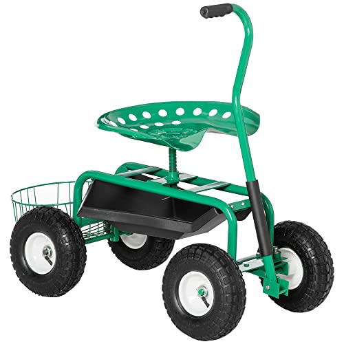 Outsunny Gartenwagen mit Rollsitz bis 150 kg mit Ablage Korb für kleine Gartengeräte Werkstattwagen fahrbar Gartensitz Richtung steuerbar Sitzhöhe 46-59 cm höhenverstellbar Metall Gummi Grün von Outsunny