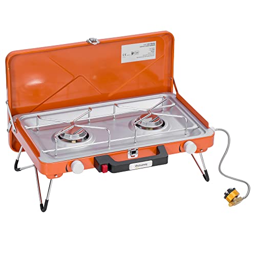 Outsunny Gasgrill, Tischgrill BBQ mit 2 Brennern, Klappbares Tischgasgrill mit Schlauch, Regler, Campinggrill für Picknick, Garten, Edelstahl+Metall, Orange, 46,5 x 33,5 x 17,4 cm von Outsunny