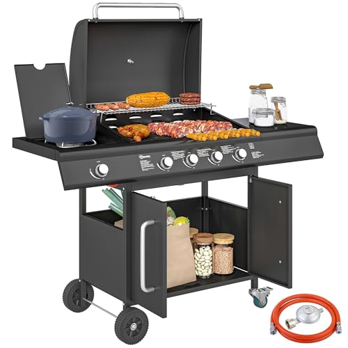 Outsunny Gasgrill 15,2 KW BBQ Gartengrill inkl 5 Edelstahl-Brenner Seitenkocher Rolle Gasschlauch Druckminderer Deckel Seitenablage Thermometer, Grillwagen für Grill, Balkon, 129,5 x 56 x 110 cm von Outsunny
