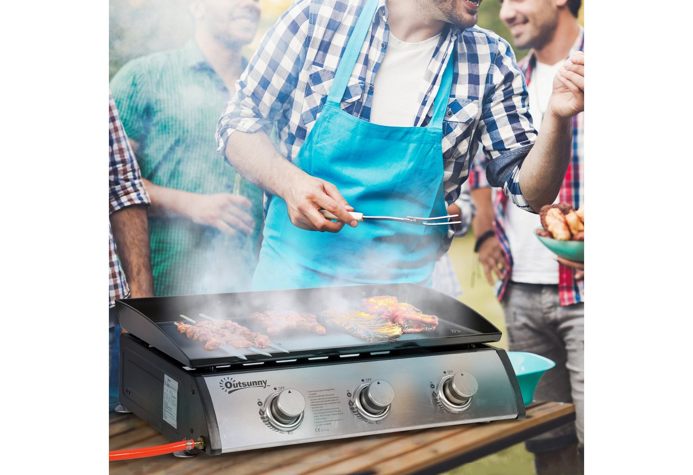 Outsunny Gasgrill 9000BTU/2,5 KW, inkl 3 Edelstahl-Brenner, Druckminderer, Gasschlauch, Gas-Grill, BBQ Gartengrill, für Balkon, Camping-Grill, 63 x 48 x 21 cm von Outsunny