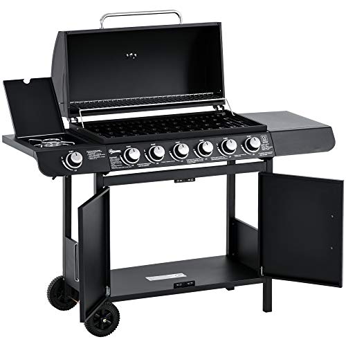 Outsunny Gasgrill 20KW Grillwagen inkl 7 Edelstahl-Brenner Seitenkocher Druckminderer Gasschlauch Deckel 2 Heizzonen Thermometer Seitenablagen, BBQ Gartengrill für Balkon, Camping 135 x 50 x 100 cm von Outsunny