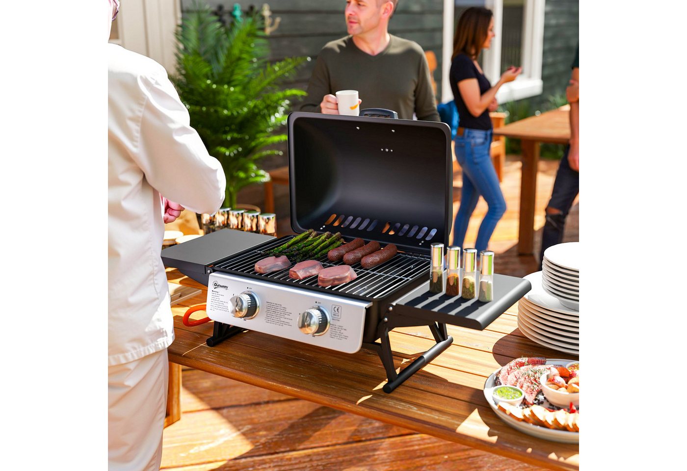 Outsunny Gasgrill inkl 2 Edelstahl-Brenner, Seitenablagen, Deckel, Thermometer, BBQ Gartengrill, 5,6 KW Gas-Grill, für Balkon, Camping-Grill 101 x 48 x 41 cm von Outsunny