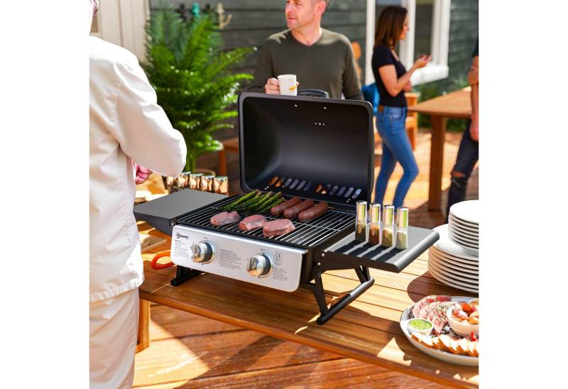 Outsunny Gasgrill inkl 2 Edelstahl-Brenner, Seitenablagen, Deckel, Thermometer, BBQ Gartengrill, 5,6 KW Gas-Grill, für Balkon, Camping-Grill 101 x 48 x 41 cm von Outsunny