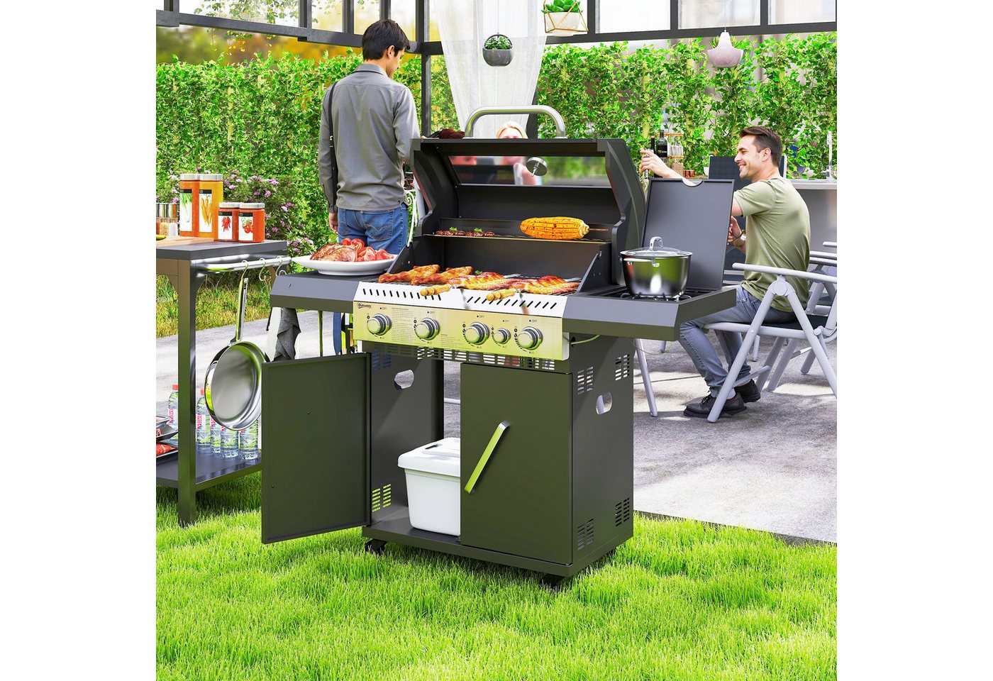 Outsunny Gasgrill inkl 5 Brenner, Seitenkocher, Rolle, BBQ Gartengrill, 12 KW Grillwagen, mit Thermometer, Seitenablagen, für Balkon, Grill 135 x 54 x 110 cm von Outsunny