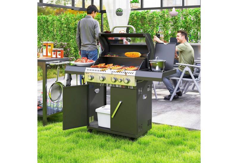 Outsunny Gasgrill inkl 5 Brenner, Seitenkocher, Rolle, BBQ Gartengrill, 12 KW Grillwagen, mit Thermometer, Seitenablagen, für Balkon, Grill 135 x 54 x 110 cm von Outsunny