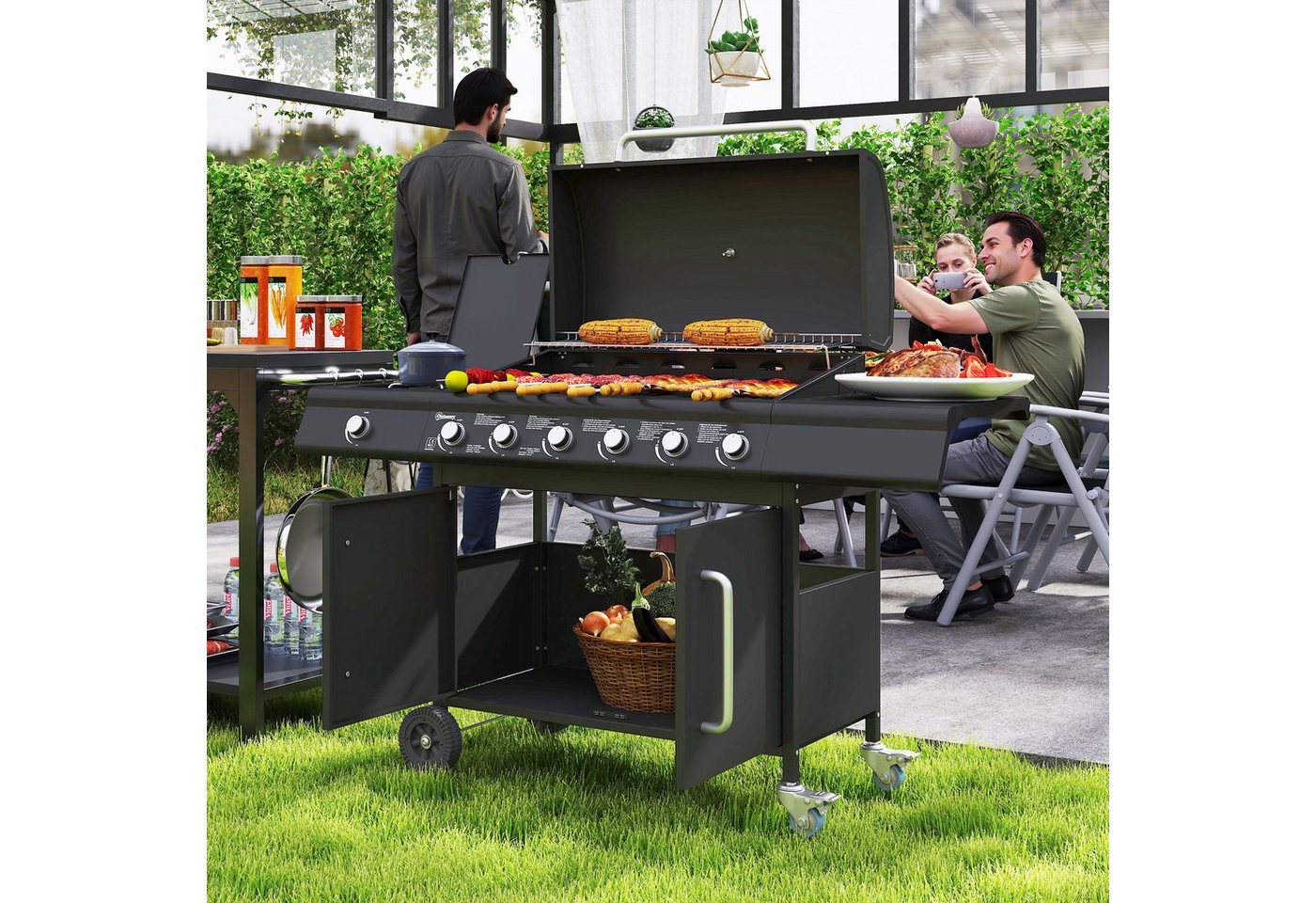 Outsunny Gasgrill inkl Rolle, Seitenbrenner, Thermometer, Grillrost, 21,2 KW Gas-Grill, Grillwagen aus Edelstahl, für Balkon Camping 144,5 x 56 x 110cm von Outsunny