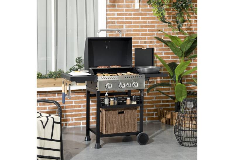Outsunny Gasgrill inkl Seitenbrenner, Thermometer, Grillrost, Flaschenöffner, Gas-Grill 3 KW 3+1 Brenner, BBQ Grillwagen aus Edelstahl, für Balkon, Camping, 123 x 52 x 101cm von Outsunny