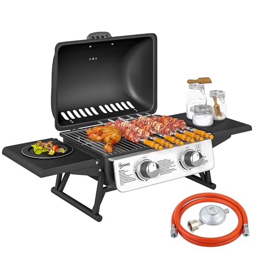 Outsunny Gasgrill mit 2 Edelstahlbrennern, 2,8 kW, tragbarer Grill mit klappbaren Seitentischen, abnehmbarem Tablett und Thermometer für Picknick, Camping, 101 x 48 x 41 cm, Schwarz Outsunny Gasgrill mit 2 Edelstahlbrennern, 2,8 kW, tragbarer Grill mit klappbaren Seitentischen, abnehmbarem Tablett und Thermometer für Picknick, Camping, 101 x 48 x 41 cm, Schwarz von Outsunny