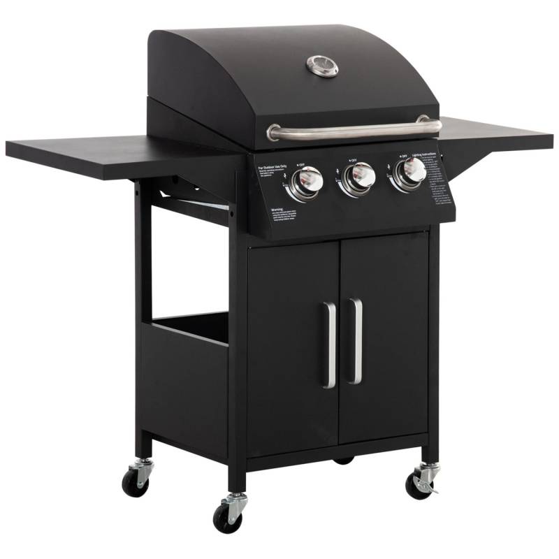 Outsunny Gasgrill mit 3 Brennern 4 Rädern Kohlenstoffstahl Schwarz von Outsunny