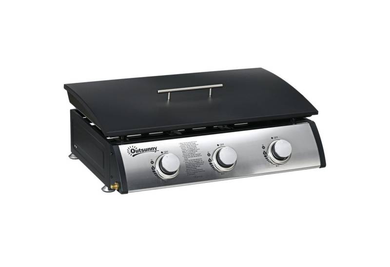 Outsunny Gasgrill mit Deckel, 3 Brennern, Fettauffangschale, antihaft-Platte, Tischgasgrill, Tischgrill, für Garten, Balkon, Schwarz von Outsunny