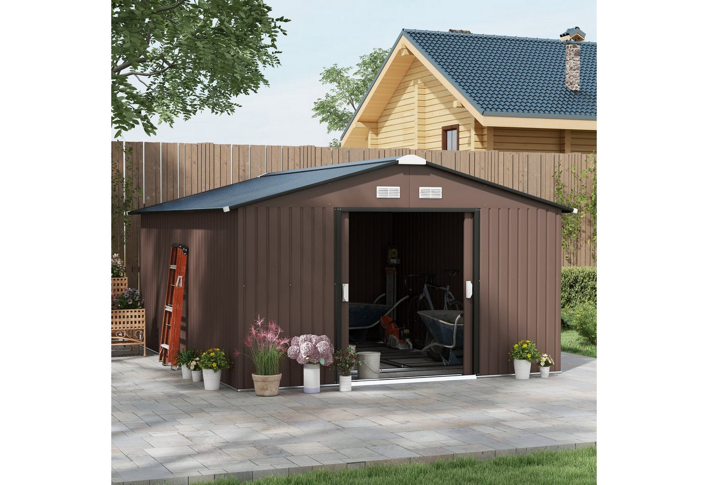 Outsunny Gerätehaus 12,4 m², mit Pultdach, Schiebetür, Fundament, BxT: 340x386 cm, (Gartenhaus, 1 St., Geräteschuppen aus Verzinkter Stahl), wetterfest, für Garten, Braun von Outsunny