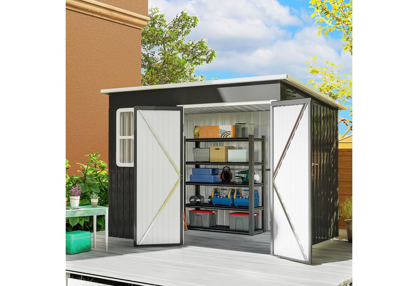 Outsunny Gerätehaus mit Fenster, Lüftungsöffnungen, breite Tür, BxT: 260x177 cm, (Metallschuppen, 1 St., Fahrradschuppen), 260 x 177 x 190 cm, Dunkelgrau von Outsunny