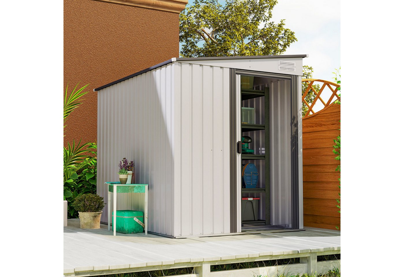 Outsunny Gerätehaus mit Pultdach, Fundament, Schiebetür, BxT: 154x206.5 cm, (Geräteschuppen 2,81m², 1 St., wetterfest Gartenhaus), für Hinterhof Außenbereich Anthrazit von Outsunny