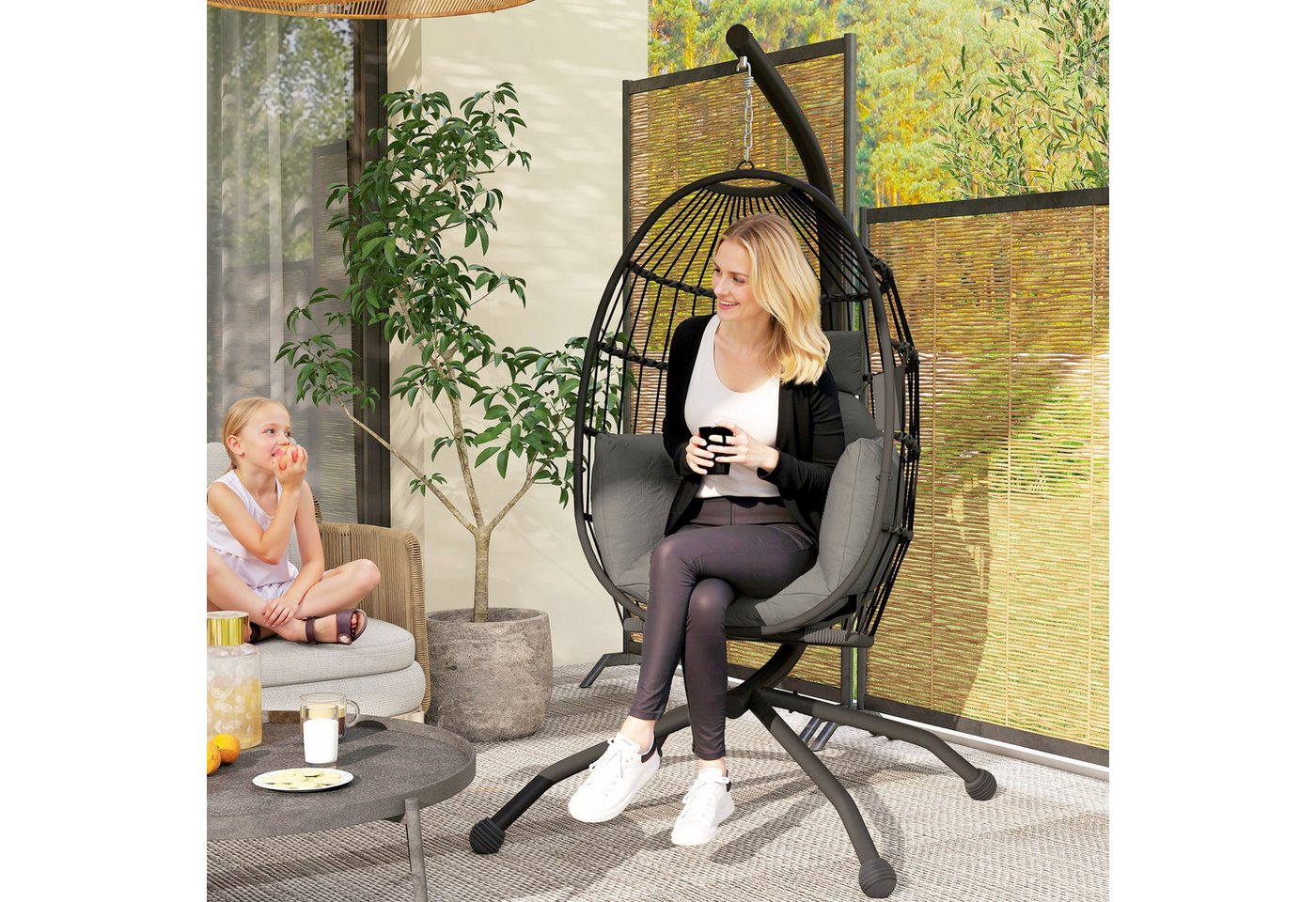 Outsunny Hängesessel Eiförmig, faltbar mit Becherhalter, abnehmbar waschbar Sitz, Gestell (Hängestuhl, 1-St., Schaukelstuhl), bis 120 kg Belastbar, Polyester, Schwarz von Outsunny