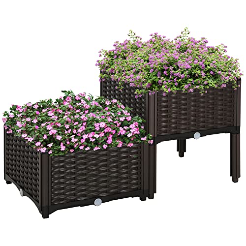 Outsunny Hochbeet, Pflanzkasten mit Abflusslöchern, Blumenkasten im Rattan-Look, PP, Braun, 40 x 40 x 44 cm von Outsunny