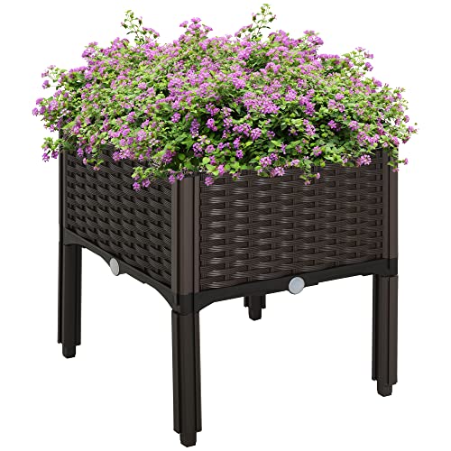 Outsunny Hochbeet, Pflanzkasten mit Abflusslöchern, Blumenkasten im Rattan-Look, PP, Braun, 40 x 40 x 44 cm von Outsunny