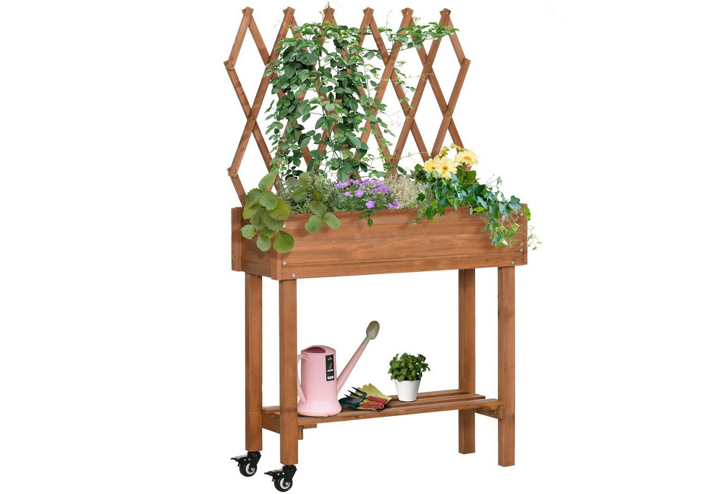 Outsunny Hochbeet (Set, 1 St., Blumenkasten), mit Rankgitter, Pflanzkübel mit Ablage, Rollen von Outsunny
