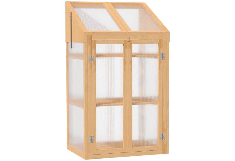 Outsunny Hochbeet 70 x 50 x 120 cm, mit Abdeckung, Fenster, Doppeltür, lichtdurchlässig (Frühbeet Holz, 1 St., Mini Gewächshaus), mit 3 Regale, winterfest, für Garten, Balkon, Braun von Outsunny