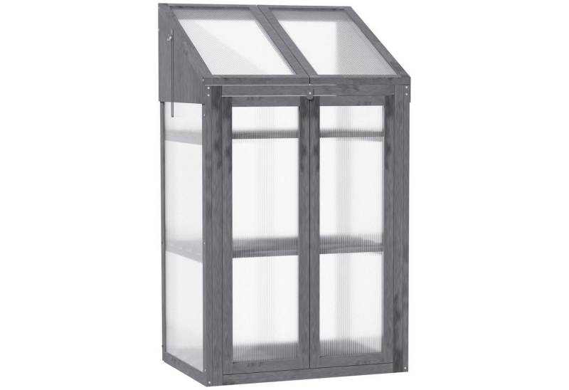 Outsunny Hochbeet 70 x 50 x 120 cm, mit Abdeckung, Fenster, Doppeltür, lichtdurchlässig (Frühbeet Holz, 1 St., Mini Gewächshaus), mit 3 Regale, winterfest, für Garten, Balkon, Grau von Outsunny