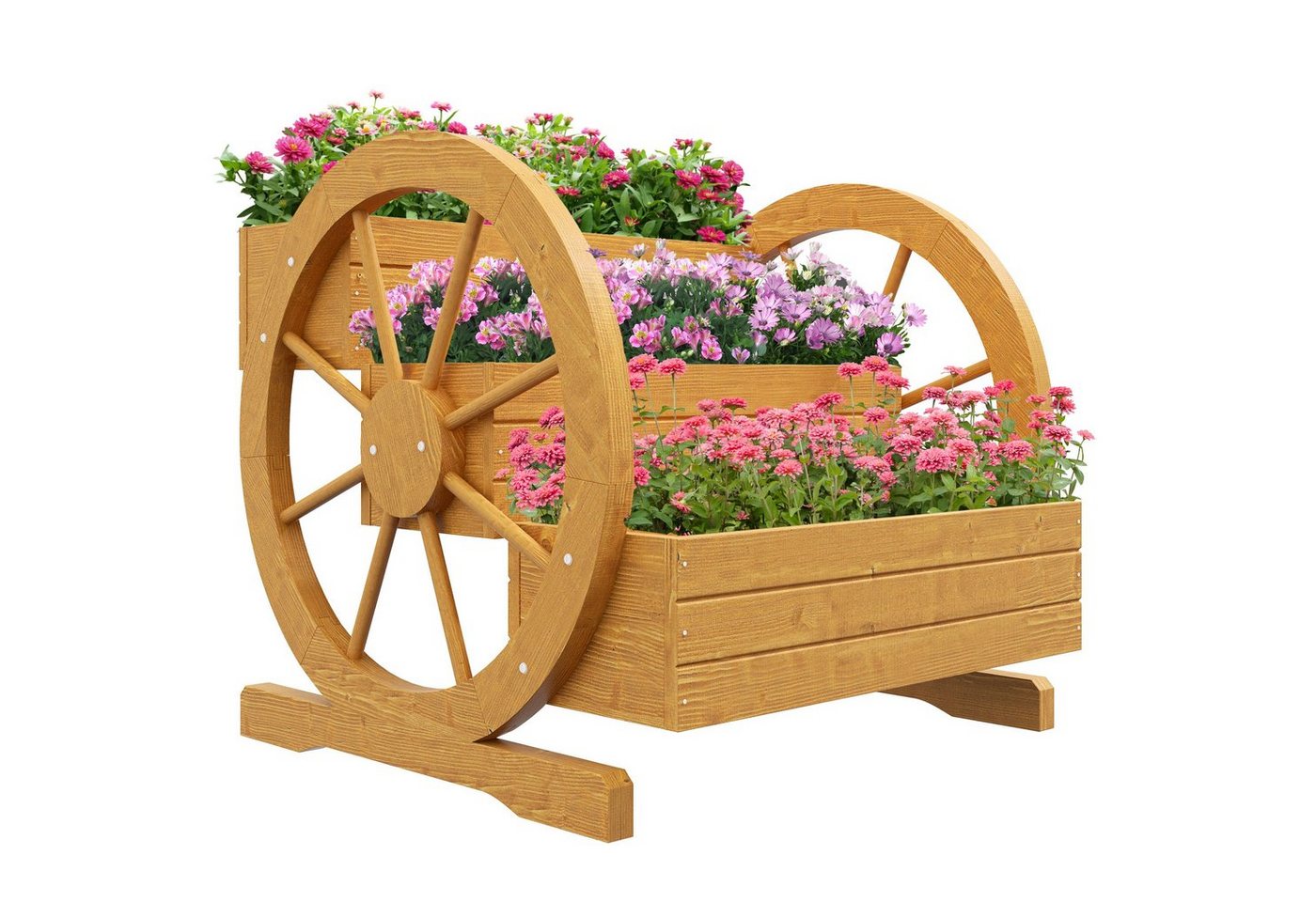 Outsunny Hochbeet Blumenkasten Holz mit 3 Etagen, Gemüsebeet mit Wagenrad-Dekor (Kräuterbeet, 1 St., Gemüsebeet), für Garten, Balkon, Teak, 61 x 62 x 57 cm von Outsunny