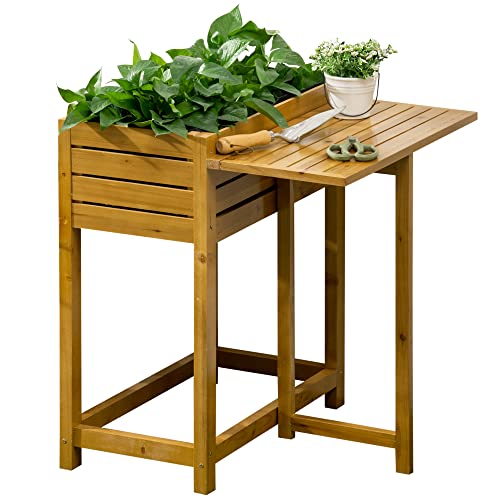 Outsunny Hochbeet Blumenkasten Pflanzkasten mit klappbarer Tischplatte, Kräuterbeet mit Innenverkleidung aus Vlies, für Garten, Terrasse, Holz, Braun, 64 x 63 x 74,5 cm von Outsunny