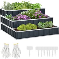 Outsunny Hochbeet aus Stahl 118x118x62 cm 3-stufige Blumentreppe wetterfest mit T-Form Pflanzenschildern und Handschuhen Dunkelgrau für Garten und Balkon   Aosom.de von Outsunny
