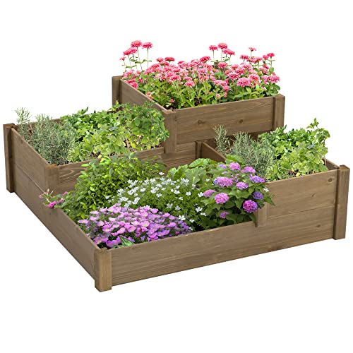 Outsunny Hochbeet Gemüsebeet Blumenkasten mit 3 Stufen, Pflanzkasten für Kräuter im Terrasse und Balkon, Tannenholz, Braun, 122 x 122 x 51 cm von Outsunny