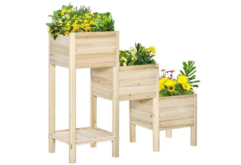 Outsunny Hochbeet 3 Etagen Pflanzkasten aus Holz (Blumenwagen, 1 St., Pflanzkübel), für Garten, Balkon, Naturholz von Outsunny