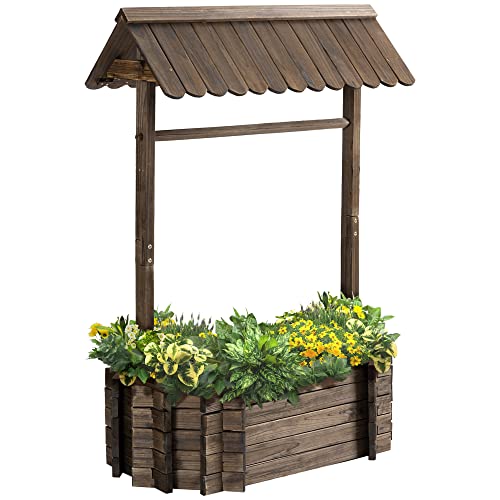 Outsunny Hochbeet Holzbrunnen mit Dach Blumenkübel Wunschbrunnen Pflanzkasten Blumentopf Rosenbogen Garten Holz Rustikales Braun 93 x 55 x 137 cm von Outsunny