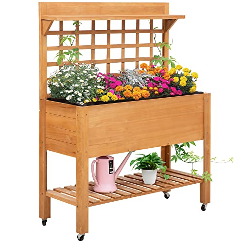 Outsunny Hochbeet Pflanztisch Blumentisch Arbeitstisch Gärtnertisch Gewächshaus Holzpflanztisch für Garten Balkon, 105 x 40 x 135 cm, Tanne, Nicht gewebter Stoff, Braun von Outsunny