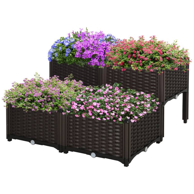 Outsunny Hochbeet Set Kunststoff Braun 4-teilig 40cm x 40cm x 44cm von Outsunny