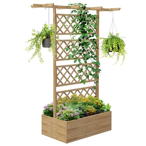 Outsunny Hochbeet aus Holz, Gartenbeet mit Dach, Pflanzbeet mit Rankengitter für Kletterpflanzen, Frühbeet für Garten, Balkon, 160 x 55 x 183 cm Naturholz von Outsunny