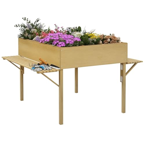 Outsunny Hochbeet aus Holz, Klappbare Frühbeet mit 12 Trenngittern, Kräuterbeet, Pflanzkasten, Blumenkasten mit Vliesstoff für Garten, Balkon, 122 x 91,5 x 89 cm, Natur von Outsunny