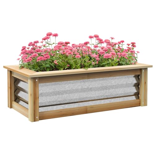 Outsunny Hochbeet aus Metall, Blumenkasten Pflanzkasten mit Holzrahmen, Gemüsebeet, Kräuterbeet für Garten, Balkon, Natur, 90 x 45 x 30 cm von Outsunny