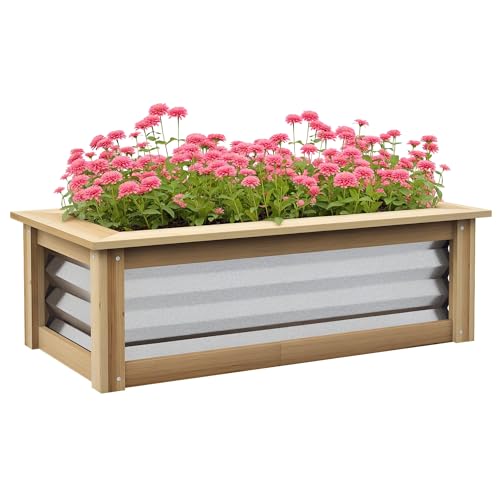Outsunny Hochbeet aus Metall, Blumenkasten Pflanzkasten mit Holzrahmen, Gemüsebeet, Kräuterbeet für Garten, Balkon, Natur, 90 x 45 x 30 cm von Outsunny
